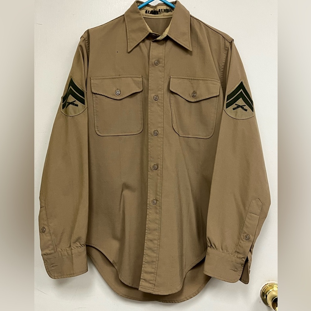 Vintage USMC Marine Corps Corporal Patch Long Sleeve Khaki Tan Uniform Shirt